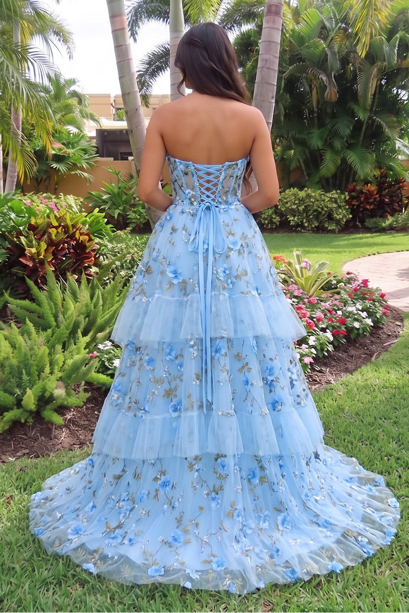 Load image into Gallery viewer, Blue Floral Ball Gown Sweetheart Tiered Long Prom Dress with Bow