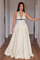 Load image into Gallery viewer, Peach Polka Dots A-Line Halter Long Prom Dress with Sash