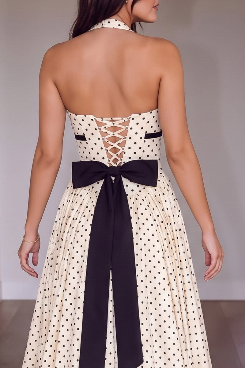 Load image into Gallery viewer, Peach Polka Dots A-Line Halter Long Prom Dress with Sash