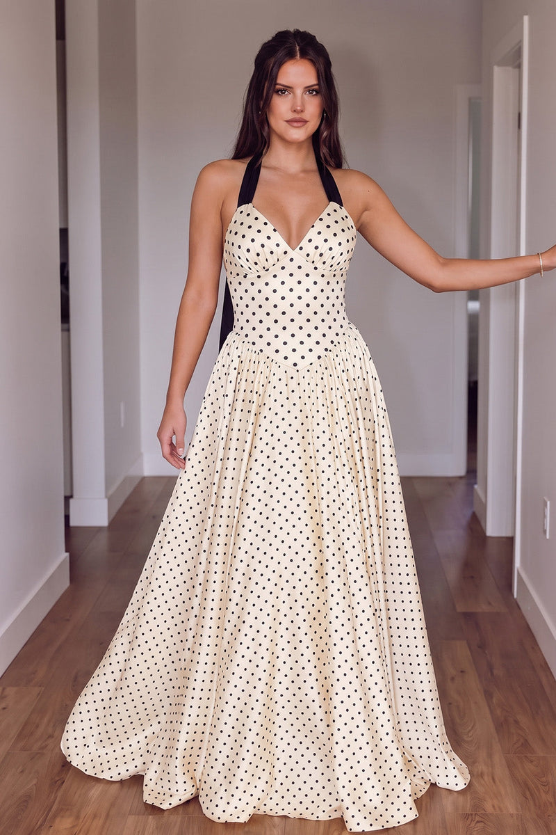 Load image into Gallery viewer, Peach Polka Dotes A-Line Halter Long Prom Dress with Bow