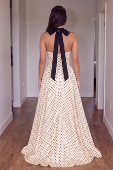 Peach Polka Dotes A-Line Halter Long Prom Dress with Bow