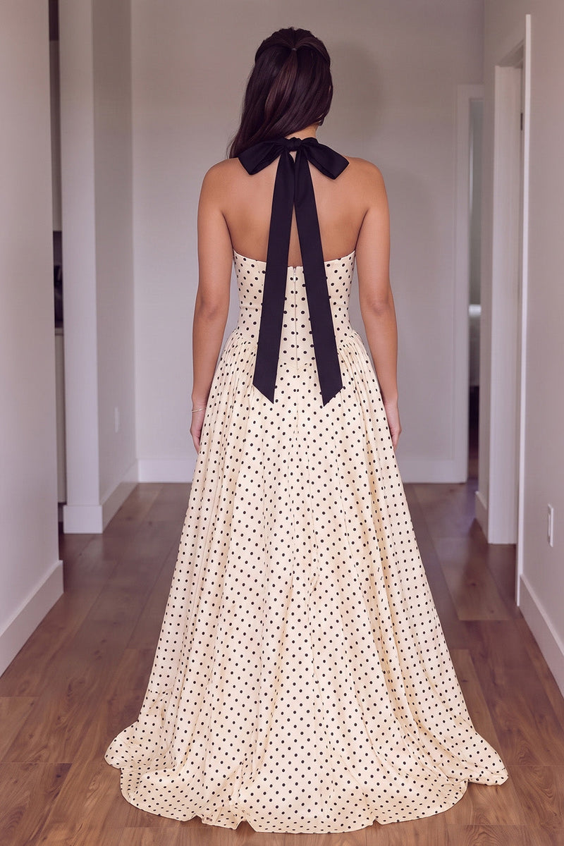 Load image into Gallery viewer, Peach Polka Dotes A-Line Halter Long Prom Dress with Bow