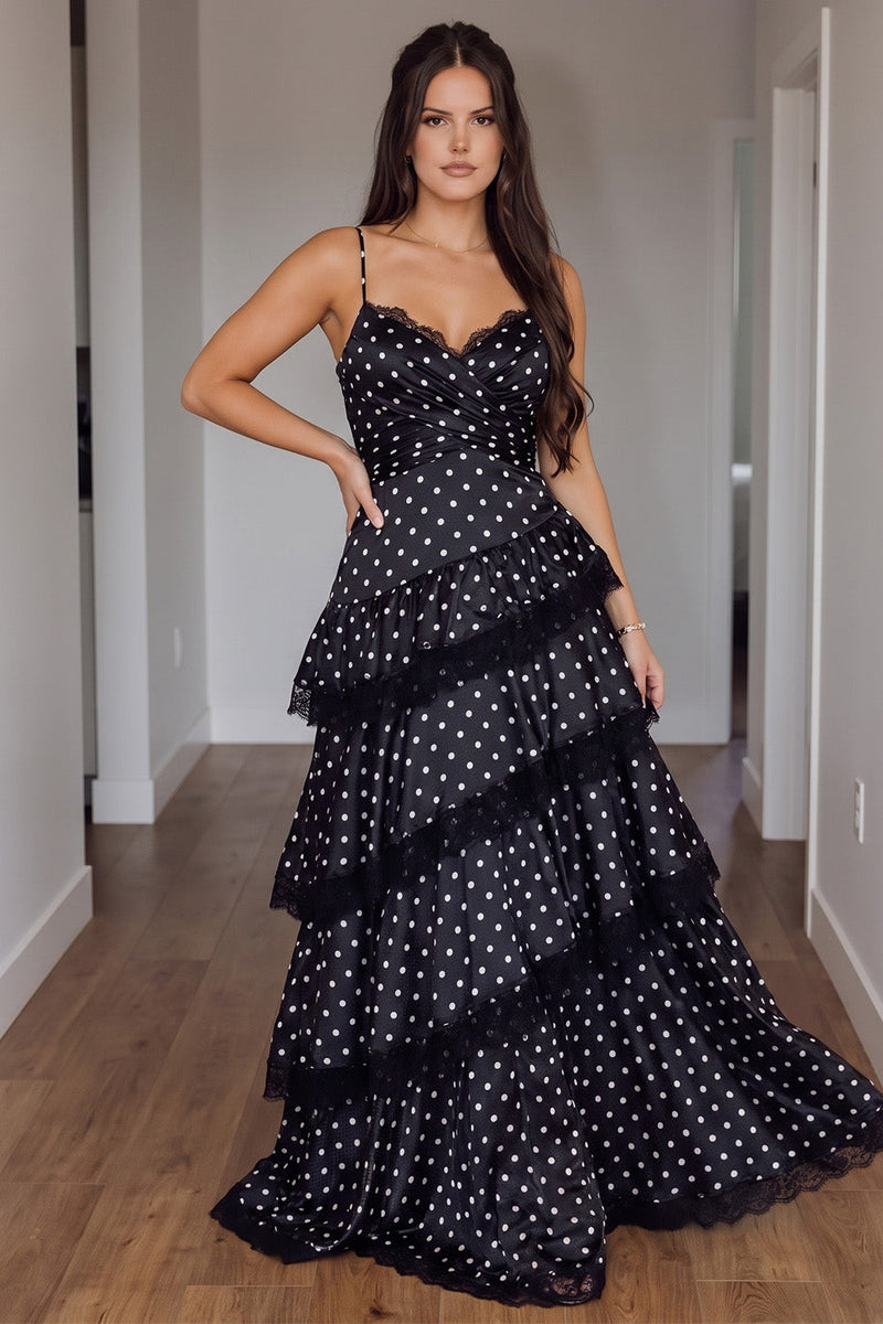 Load image into Gallery viewer, Black Polka Dots A Line Tiered Spaghetti Straps Long Prom Dress with Lace