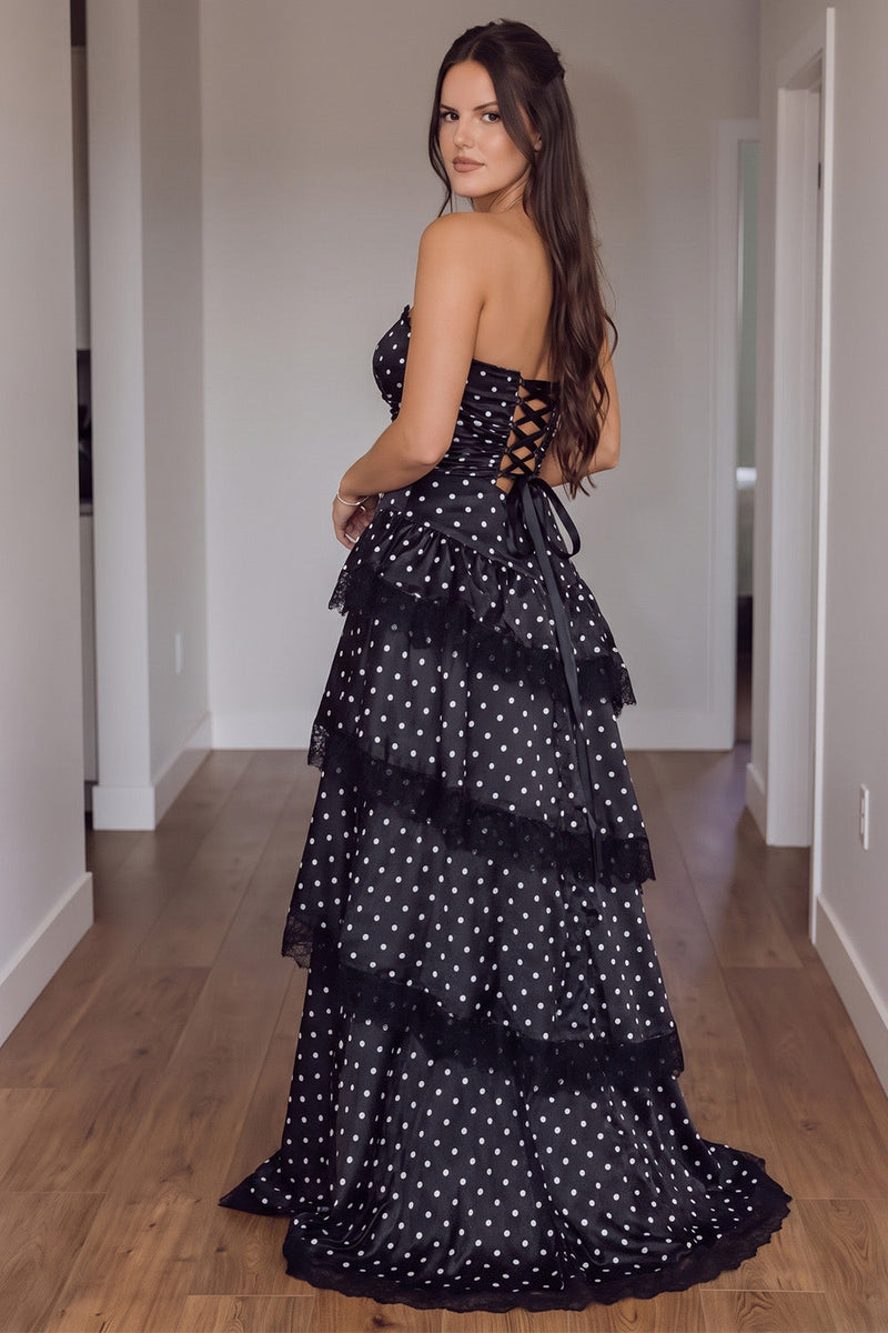 Load image into Gallery viewer, Black Polka Dots A Line Tiered Spaghetti Straps Long Prom Dress with Lace
