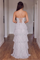 Load image into Gallery viewer, White Polka Dots Sweetheart Ruffled Tiered Long Prom Dress