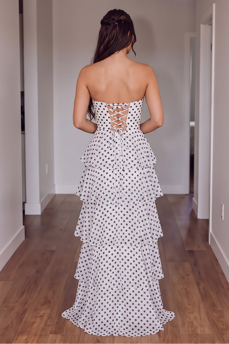 Load image into Gallery viewer, White Polka Dots Sweetheart Ruffled Tiered Long Prom Dress