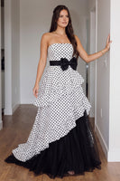 Load image into Gallery viewer, White Polka Dots Strapless Tiered Long Prom Dress with Bow