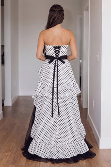 White Polka Dots Strapless Tiered Long Prom Dress with Bow