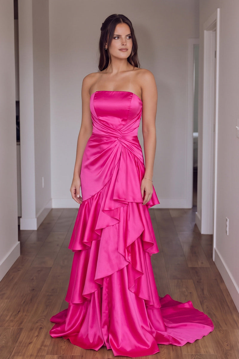 Load image into Gallery viewer, Hot Pink Sheath Satin Strapless Ruffled Maxi Prom Dress