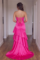 Load image into Gallery viewer, Hot Pink Sheath Satin Strapless Ruffled Maxi Prom Dress