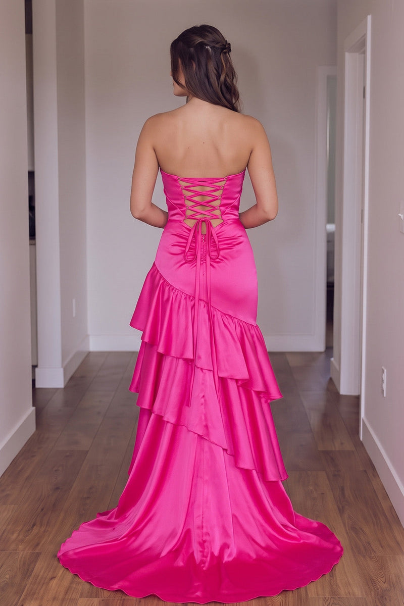 Load image into Gallery viewer, Hot Pink Sheath Satin Strapless Ruffled Maxi Prom Dress