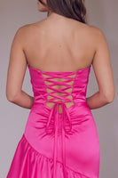 Load image into Gallery viewer, Hot Pink Sheath Satin Strapless Ruffled Maxi Prom Dress