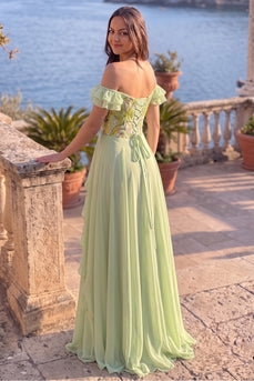 Sparkly Green A-Line Off the Shoulder Ruffled Long Prom Dress with Sequins