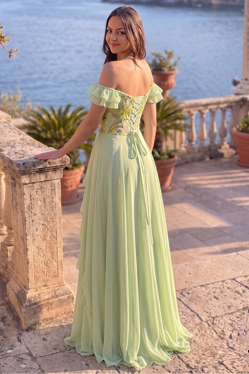 Load image into Gallery viewer, Sparkly Green A-Line Off the Shoulder Ruffled Long Prom Dress with Sequins