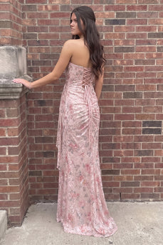 Pink Sheath Floral Strapless Ruffled Long Prom Dress with Side Cape