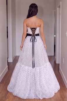 White Polka Dots Strapless A Line Long Prom Dress with Bow