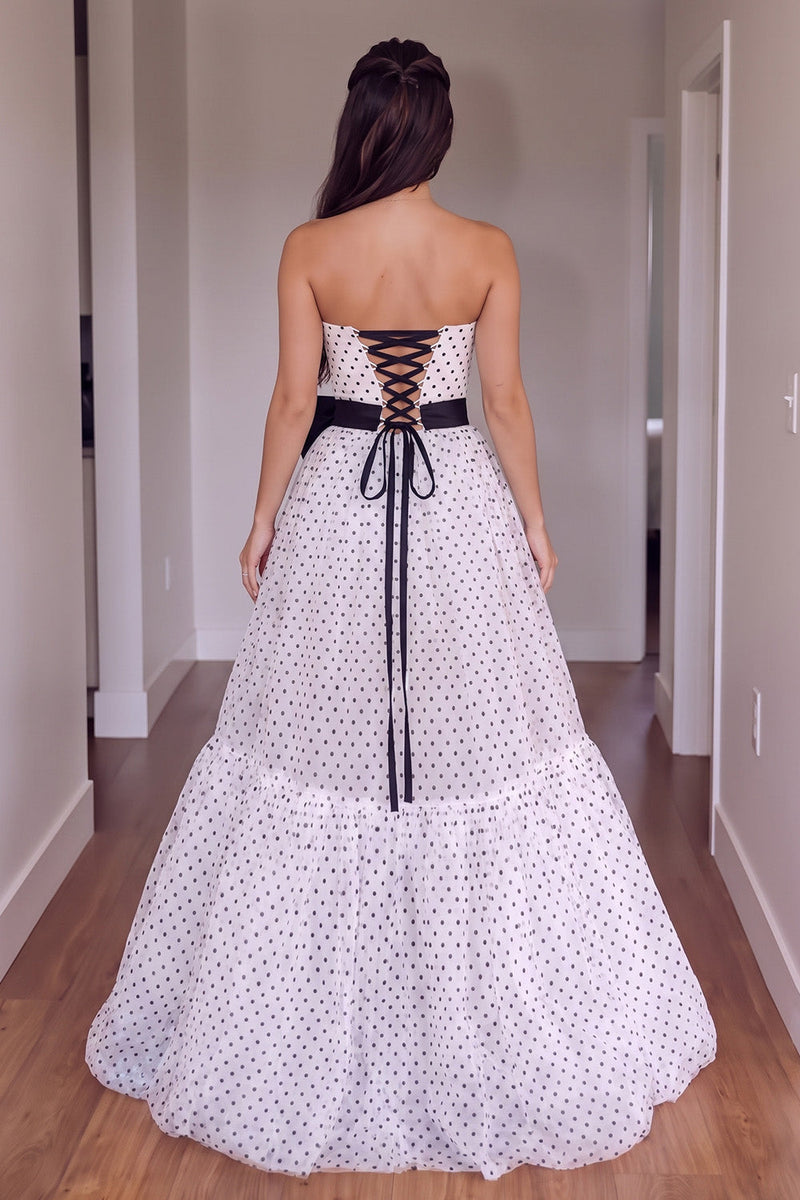 Load image into Gallery viewer, White Polka Dots Strapless A Line Long Prom Dress with Bow