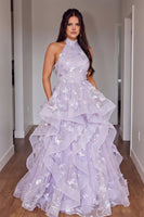 Load image into Gallery viewer, Sparkly Fog Ruffled Sequins Tiered A Line Halter Maxi Prom Dress