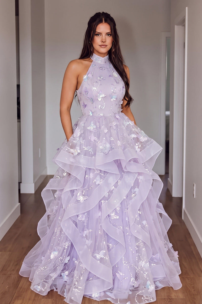 Load image into Gallery viewer, Sparkly Fog Ruffled Sequins Tiered A Line Halter Maxi Prom Dress