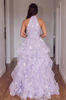 Load image into Gallery viewer, Sparkly Fog Ruffled Sequins Tiered A Line Halter Maxi Prom Dress