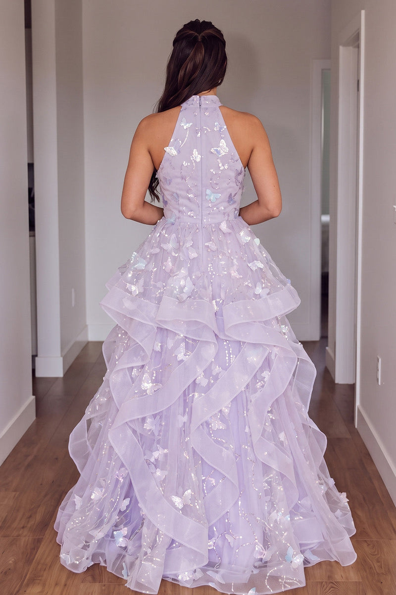 Load image into Gallery viewer, Sparkly Fog Ruffled Sequins Tiered A Line Halter Maxi Prom Dress