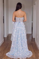Load image into Gallery viewer, Sparkly Blue Corset Sequins Sweetheart High-Low Prom Dress with Bow