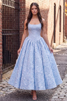 Load image into Gallery viewer, Blue Floral Corset Jacquard A Line Spaghetti Straps Long Prom Dress