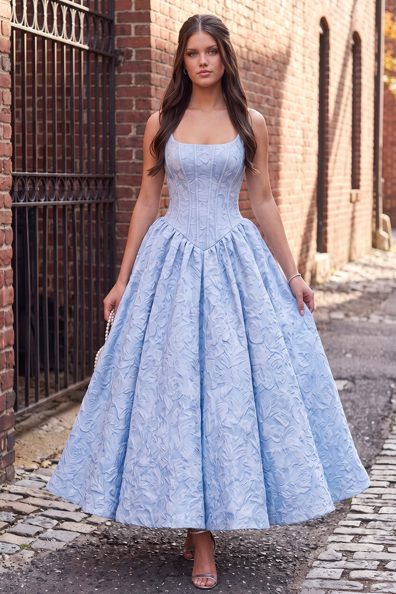 Load image into Gallery viewer, Blue Floral Corset Jacquard A Line Spaghetti Straps Long Prom Dress