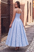 Load image into Gallery viewer, Blue Floral Corset Jacquard A Line Spaghetti Straps Long Prom Dress