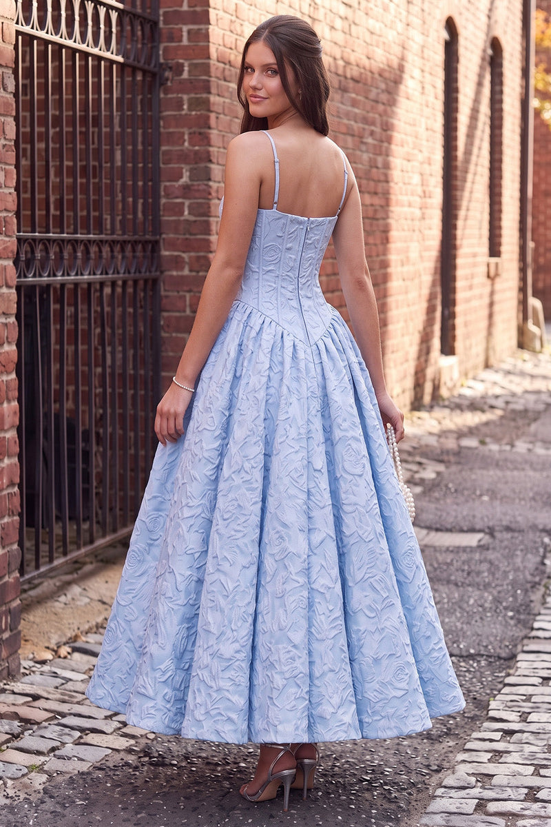 Load image into Gallery viewer, Blue Floral Corset Jacquard A Line Spaghetti Straps Long Prom Dress