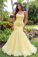 Load image into Gallery viewer, Yellow Mermaid Floral Sweetheart Ruched Maxi Prom Dress