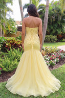 Load image into Gallery viewer, Yellow Mermaid Floral Sweetheart Ruched Maxi Prom Dress