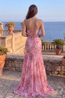Load image into Gallery viewer, Pink Floral Printed Mermaid Cut Out Strapless Maxi Prom Dress with Slit