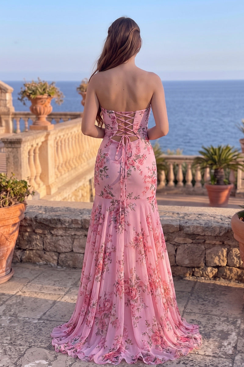 Load image into Gallery viewer, Pink Floral Printed Mermaid Cut Out Strapless Maxi Prom Dress with Slit