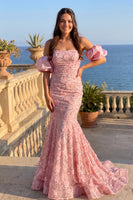 Load image into Gallery viewer, Sparkly Pink Mermaid Floral Off the Shoulder Long Prom Dress