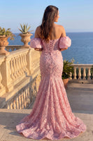 Load image into Gallery viewer, Sparkly Pink Mermaid Floral Off the Shoulder Long Prom Dress