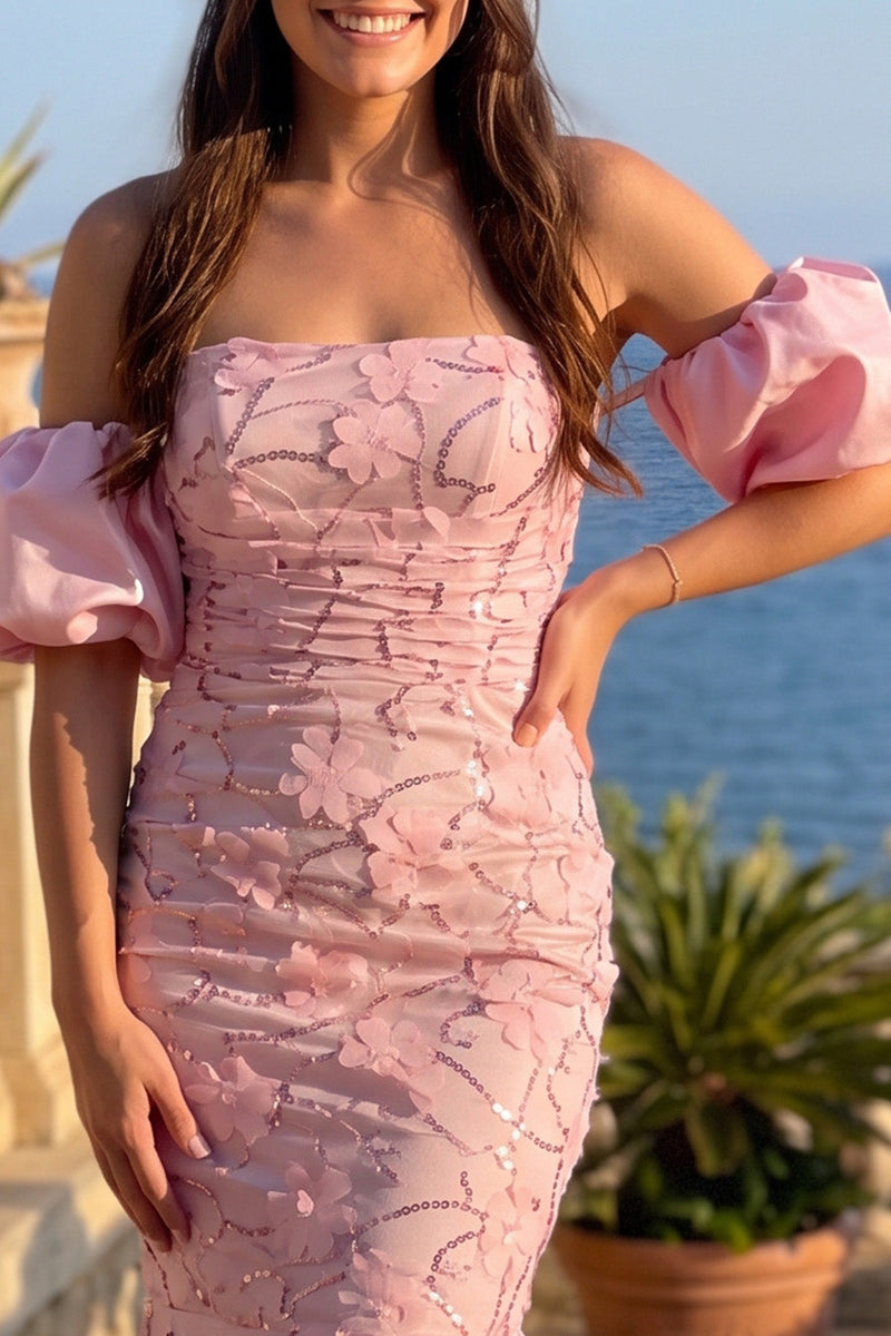 Load image into Gallery viewer, Sparkly Pink Mermaid Floral Off the Shoulder Long Prom Dress