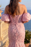 Load image into Gallery viewer, Sparkly Pink Mermaid Floral Off the Shoulder Long Prom Dress