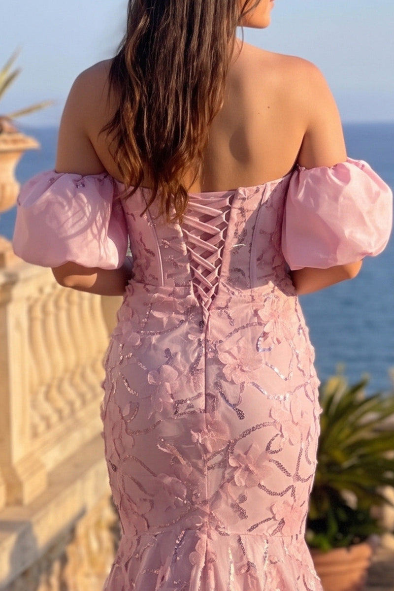 Load image into Gallery viewer, Sparkly Pink Mermaid Floral Off the Shoulder Long Prom Dress
