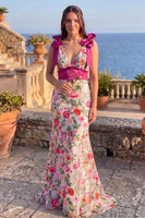 Load image into Gallery viewer, Floral Pink Mermaid V-Neck Long Prom Dress with Bow