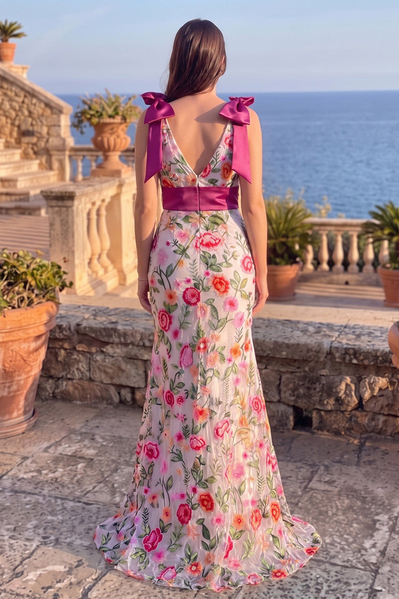 Load image into Gallery viewer, Floral Pink Mermaid V-Neck Long Prom Dress with Bow