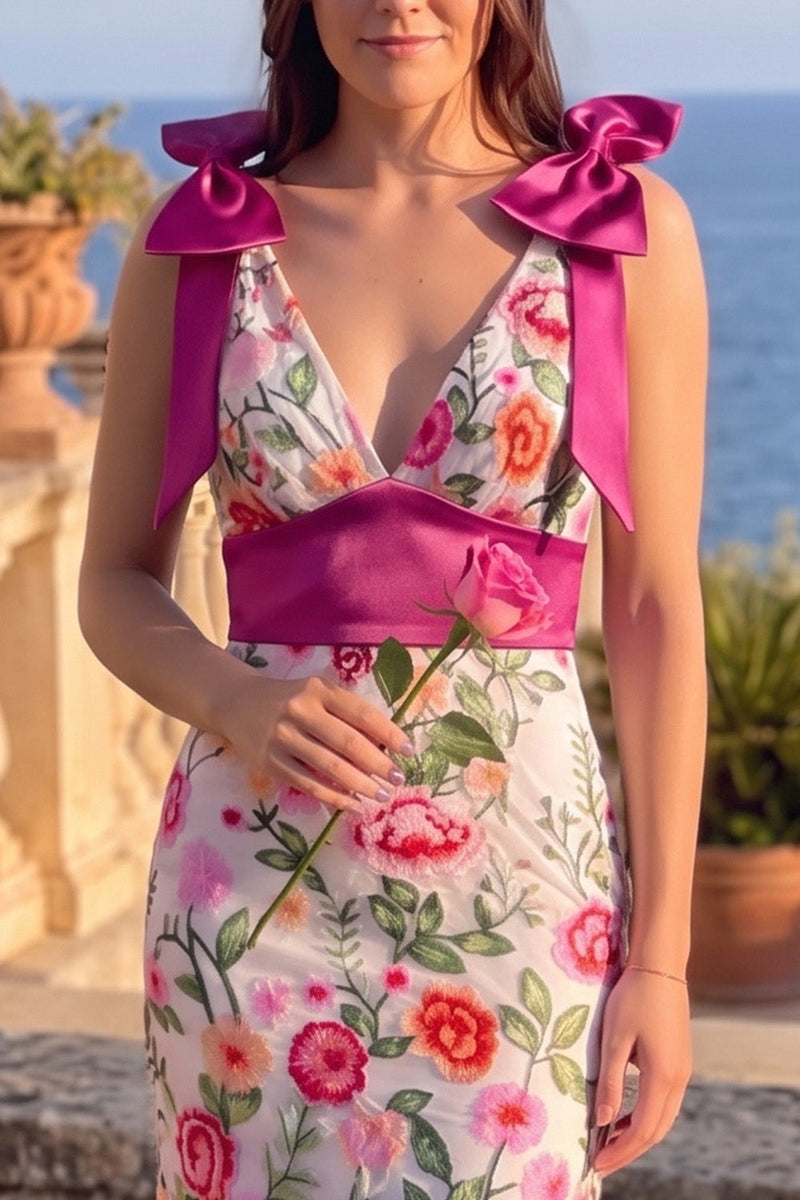Load image into Gallery viewer, Floral Pink Mermaid V-Neck Long Prom Dress with Bow