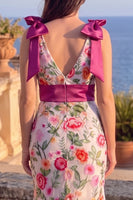 Load image into Gallery viewer, Floral Pink Mermaid V-Neck Long Prom Dress with Bow