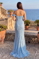 Load image into Gallery viewer, Mermaid Blue Sparkly Sequin One Shoulder Long Prom Dress with Bow