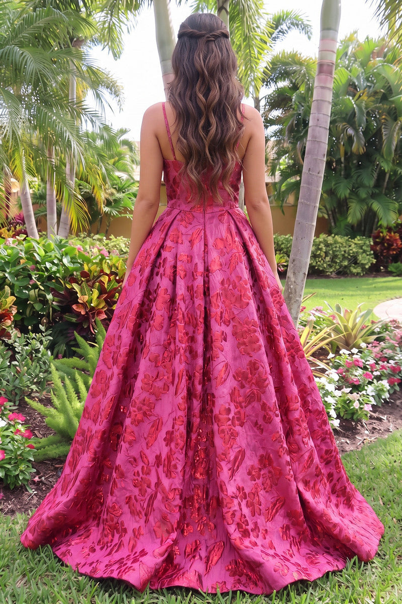 Load image into Gallery viewer, Jacquard Hot Pink Ball Gown Floral Spaghetti Straps Long Prom Dress with Bow