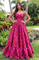 Load image into Gallery viewer, Floral Hot Pink Ball Gown Jacquard Ruffled Corset Spaghetti Straps Long Prom Dress