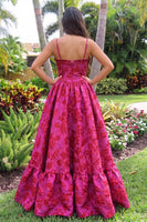 Load image into Gallery viewer, Floral Hot Pink Ball Gown Jacquard Ruffled Corset Spaghetti Straps Long Prom Dress
