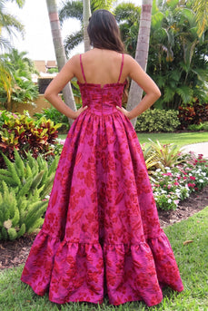 Floral Hot Pink Ball Gown Jacquard Ruffled Corset Spaghetti Straps Long Prom Dress