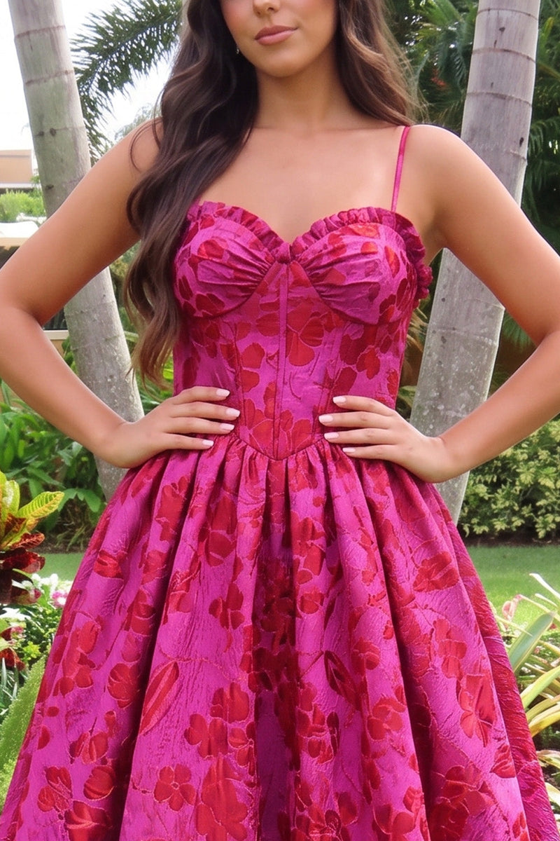 Load image into Gallery viewer, Floral Hot Pink Ball Gown Jacquard Ruffled Corset Spaghetti Straps Long Prom Dress