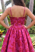 Load image into Gallery viewer, Floral Hot Pink Ball Gown Jacquard Ruffled Corset Spaghetti Straps Long Prom Dress